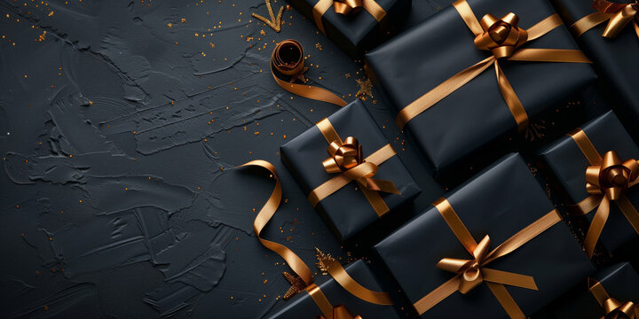 black friday gift boxes with golden ribbons
