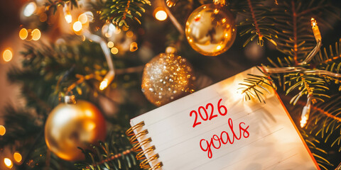 New Year 2026 goals notebook with Christmas decorations