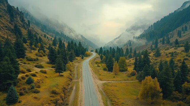 Scenic Mountain Road Winding Through Autumn Forest with Foggy Peaks.