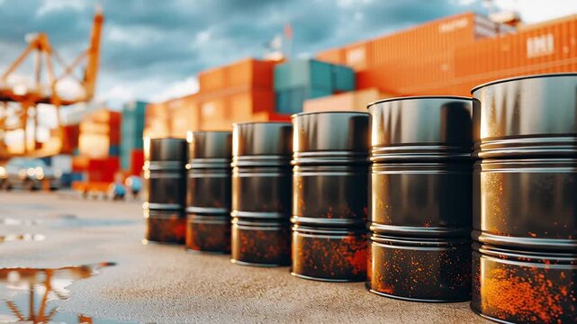 Black, rusty oil barrels standing in a row on a wet dock. The background shows a bustling commercial port with stacked shipping containers and large cranes under a sunset sky