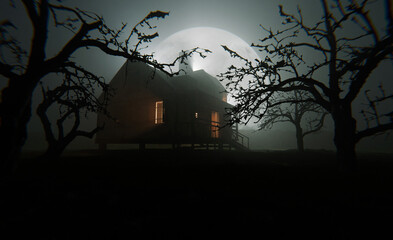 Spooky haunted house at night with glowing windows, bare trees, and a full moon shining through the...