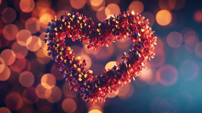 Romantic heart symbol made of tiny flowers gently rotating against a beautiful warm bokeh lights background, perfect for valentine's day celebrations, weddings, and romantic declarations