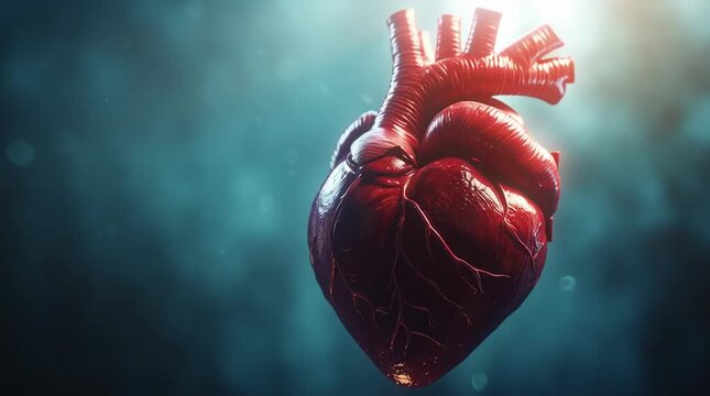 Anatomically correct human heart beating with visible veins and arteries, illustrating cardiovascular circulation and health on a cinematic background with subtle light flares and particles