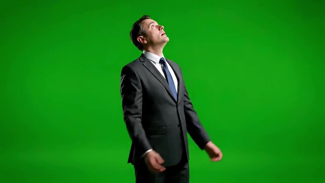 Green Screen fascinated and impressed business man looking up around turning shopping sales full length on chroma key background scene 2 with distortion, overlay, glitch, static noise, scan lines