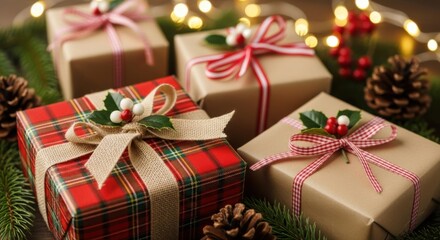 Festive christmas gifts wrapped in brown paper and tartan with ribbons and pine cones, illuminated by warm fairy lights