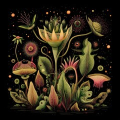 An alien botanical garden with glowing flora on a black background.