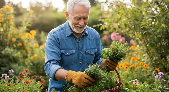 Senior man playing piano in a sunny living room filled with potted green plants