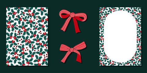 Holly pattern, Christmas card template, red bow and ribbons. Universal modern background, frame with space for text, corporate greeting.
