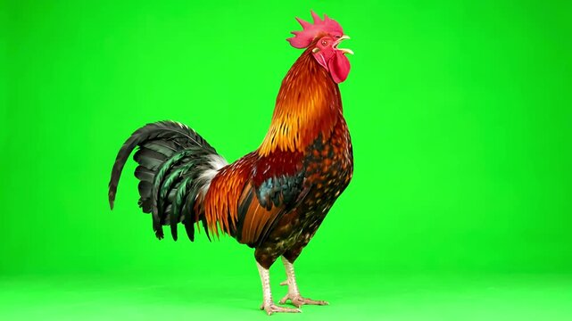Comedic Animal Performance with singing rooster on green screen distortion, overlay, glitch, static noise, scan lines black background, 4k animated video loop