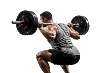 Person trainning man performing barbell back squat exercise isolated on transparent background