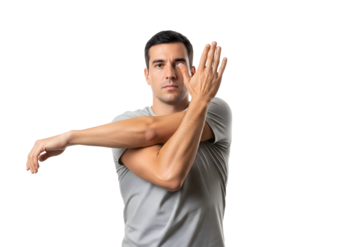 Person trainning man stretching arm isolated on transparent background