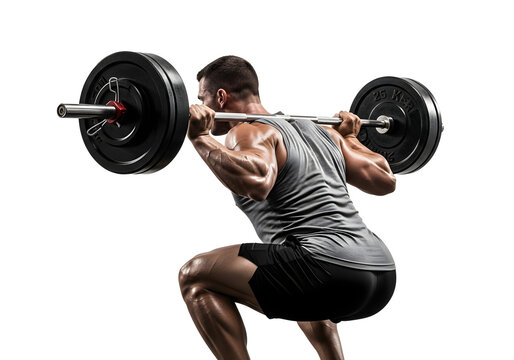 Person trainning man performing barbell back squat exercise isolated on transparent background