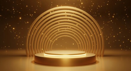 A luxurious golden podium with a circular archway and sparkling lights, perfect for product launches or award ceremonies