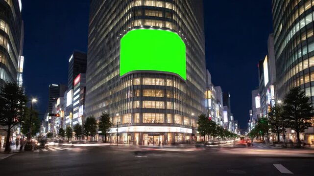 Time-Lapse Tokyo Energy with large billboard a green screen on the modern building busy crossroad neon lights timelapse of traffic japan distortion, overlay, glitch, static noise, scan lines black