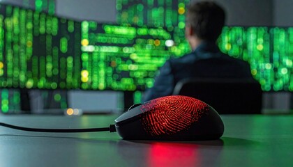 Close-up photo of a computer mouse with red fingerprint glow in front of green code screens, visualizing cyber identity, security access and data breach prevention concepts