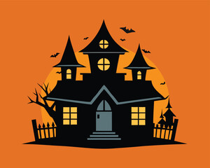 Spooky House Silhouette Wallpaper Design | Cartoon Style Haunted House Illustration