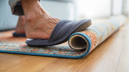 Elderly person tripping over curled rug, home safety hazard, fall risk, accident prevention, senior care, household danger, unsafe flooring, aging in place challenge