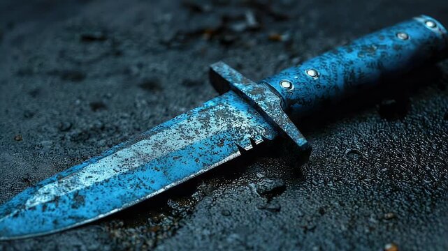 Close-up Macro Shot of a Textured Blue Dagger Lying on a Wet, Dark Surface with Subtle Lighting