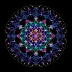 Vibrant psychedelic sacred geometry glowing on a deep black background.