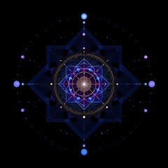 Vibrant psychedelic sacred geometry glowing on a deep black background.