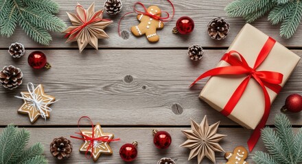 A rustic wooden table adorned with christmas decorations including pine branches, pinecones, ornaments, gingerbread cookies, and a gift