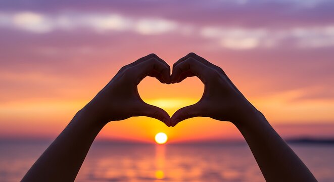 Silhouette of female hands making a heart shape sign over a beautiful sunset on the beach