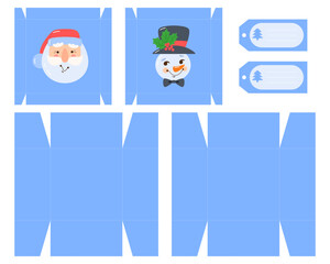 Vector template for printing, cutting out festive children's gift boxes featuring Santa Claus and snowman for New Year's or Christmas. Perfect for DIY projects, packaging small gifts, sweets, crafts. 