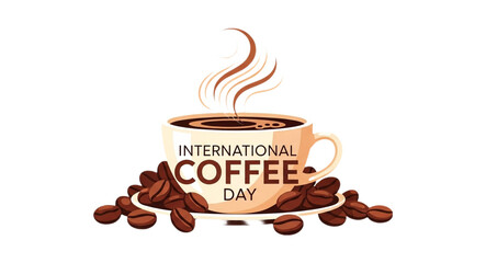 Obraz premium A white mug filled with dark coffee sits on a saucer surrounded by roasted coffee beans with steam rising