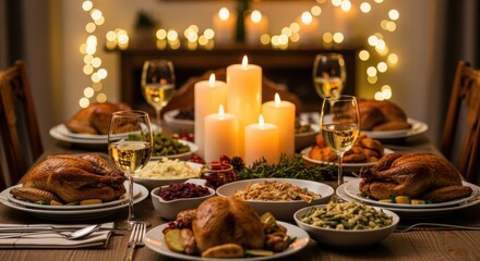 Festive thanksgiving dinner table setting with roasted turkeys, side dishes, wine, and candles