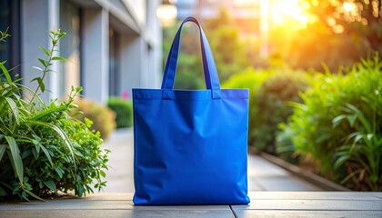 Blue reusable tote bag with two handles on matching blue background, clean and eco-friendly design.