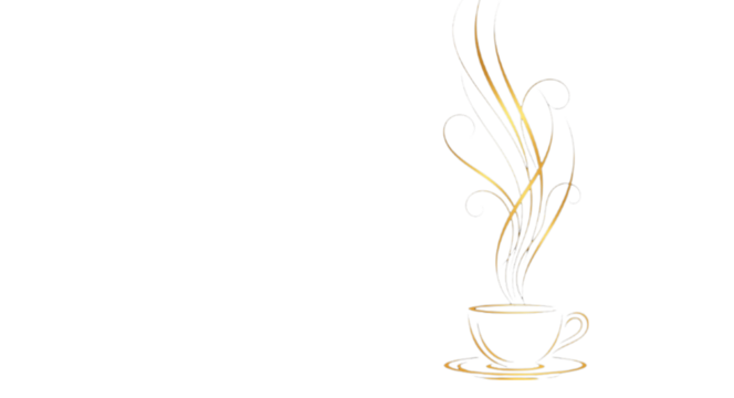 Elegant gold line art coffee cup with steam rising against a black background hot drink beverage