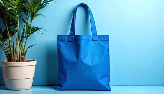 Blue reusable tote bag with two handles on matching blue background, clean and eco-friendly design. - Powered by Adobe