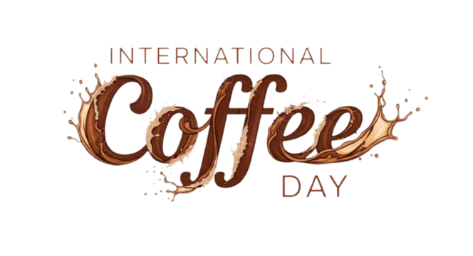 International Coffee Day text with liquid chocolate splashes and coffee powder image