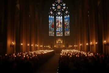 Atmospheric interior of a grand cathedral with rows of glowing candles illuminating the nave and a large stained glass window above