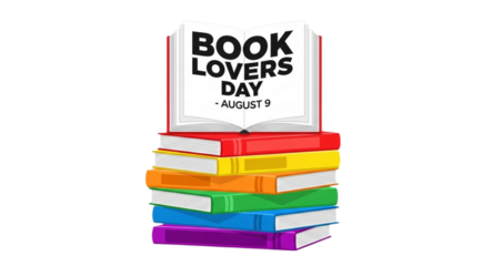Stack of colorful books with open book on top celebrating Book Lovers Day August 9 rainbow