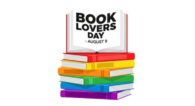 Stack of colorful books with open book on top celebrating Book Lovers Day August 9 rainbow