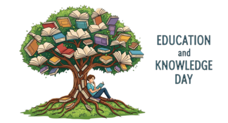 Young person reading book under tree laden with books with text Education and Knowledge Day book tree
