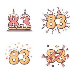 Fototapeta premium Vibrant 83rd birthday cake and number balloons with confetti explosion illustration