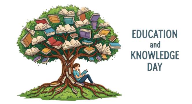 Young person reading book under tree laden with books with text Education and Knowledge Day book tree