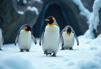 Fototapeta premium Group of penguins walking on icy terrain in a cold, snowy landscape