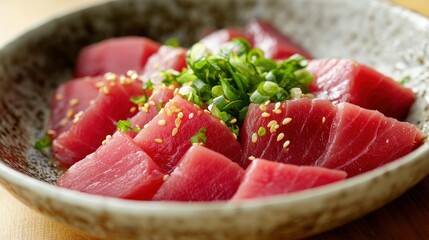 Fresh tuna sashimi in a bowl.