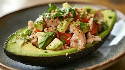 Halved avocado filled with salmon and vegetables.
