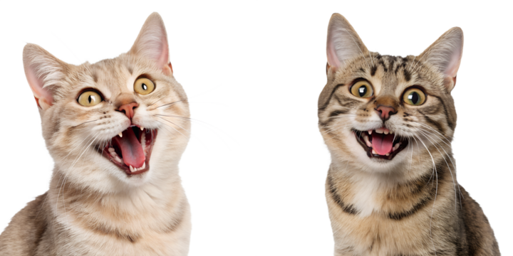 Funny cat portrait with a comical expression and mouth slightly open, looking silly and adorable, isolated on transparent background