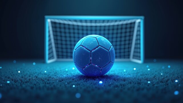 glowing blue Soccer ball in the goal. Low polygon, particle, and triangle style design.Wireframe light connection structure.Goal setting concept
