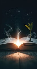 Naklejka premium Profound manuscript unveiling radiant wisdom, a delicate plant emerging from boundless pages, night sky's constellations shine, intricate gears turning destiny.