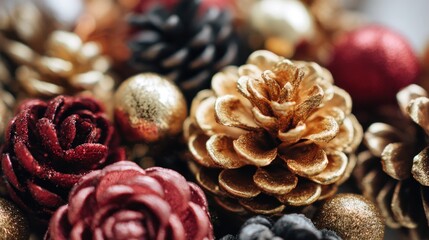 Glittering pinecones and decorative baubles create a festive holiday display.