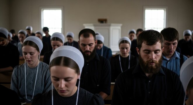 Amish people praying together in a simple church room, focusing on peaceful devotion, men and women in modest traditional clothing, a scene of community worship and shared spiritual moments.
