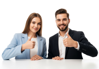 Client approval duo with thumbs up for service quality assurance and testimonials for customer reviews pages or trust badges and onboarding confirmations, headers about loyalty program