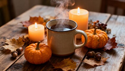 Steaming mug surrounded by pumpkins, candles, and fall decorations, warm golden tones