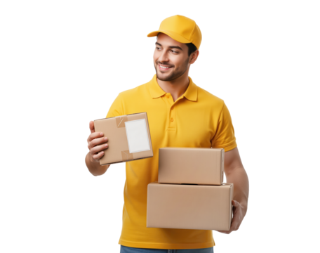 Same day parcel courier presenting shipped packages for marketplace order tracking emails, pickup point notifications, and express delivery service materials for online shops